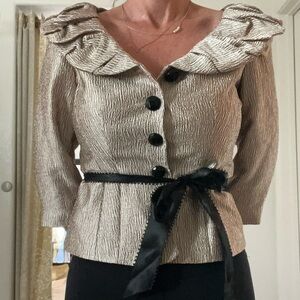 Vintage Metallic Ruffle Collar Button-Front Top with Satin Tie